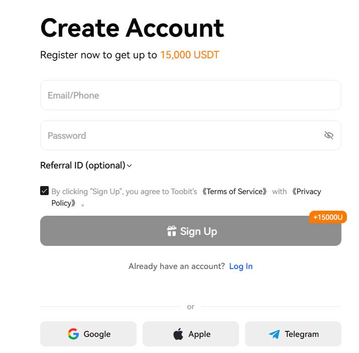 Create account on Toobit