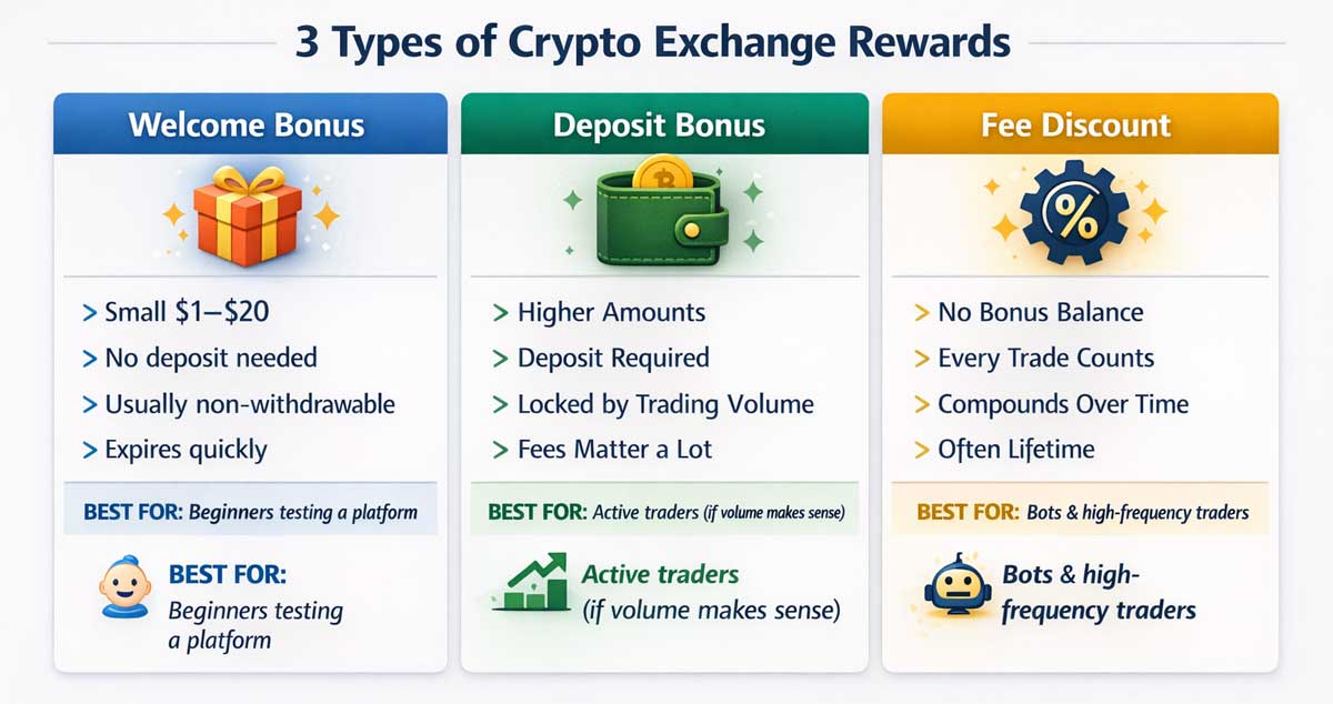 Comparison of crypto welcome bonus, deposit bonus, and trading fee discount showing requirements and best use cases